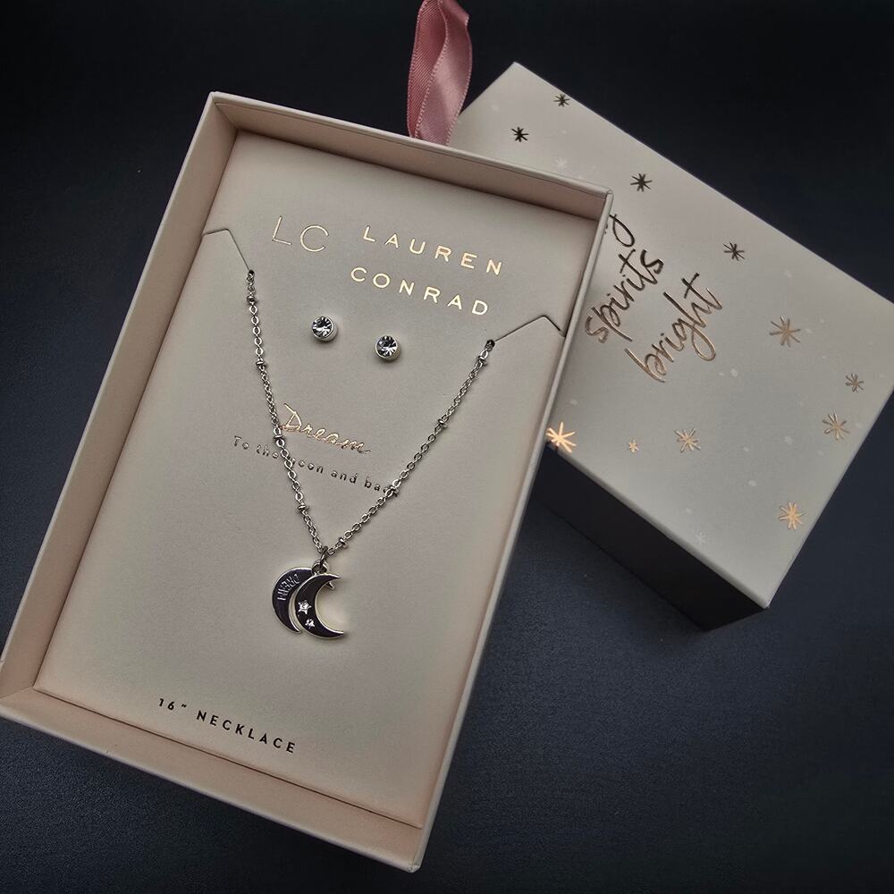 Lauren Conrad LC Dream Crescent Moon Necklace Set Gift Box NIB Christmas
